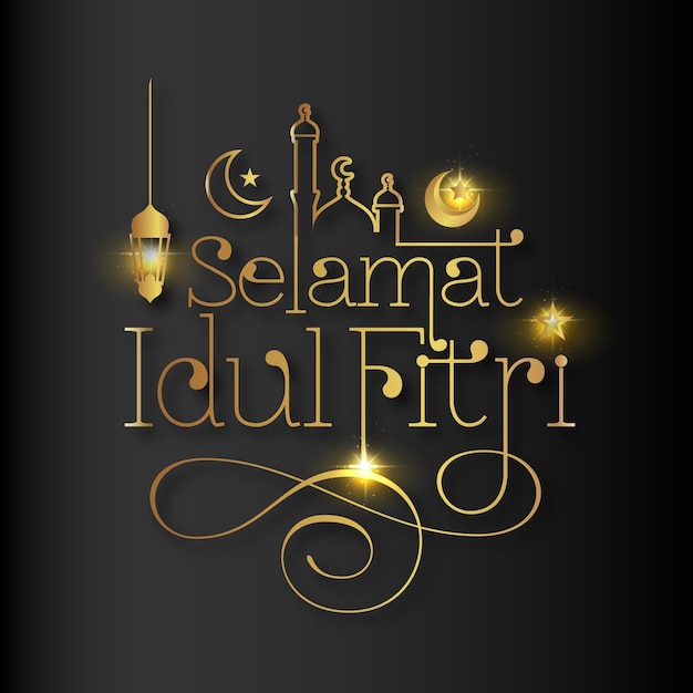 Greeting text of selamat idul fitri with gold line vector design