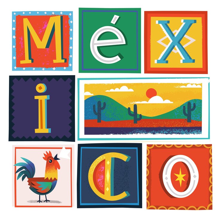 メキシコの伝統的なシンボルと文字で飾られたベクトルイラストと挨拶トラベルカード