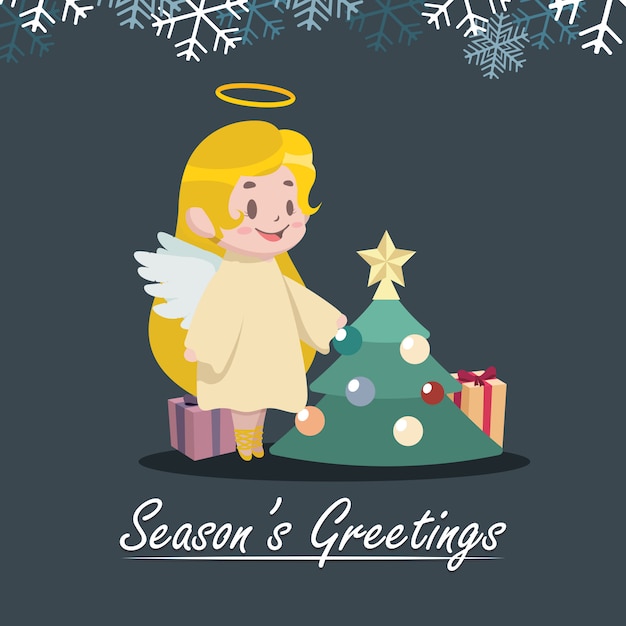 Vector greeting with an angel and christmas tree