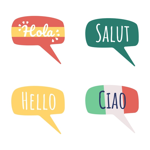 Greeting words in different languages semi flat color vector speech bubble set