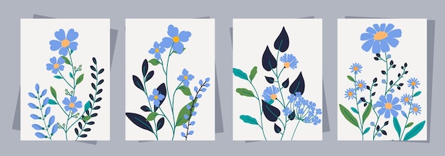 Greetingcards in handgetekende stijl met blauwe bloemen delicate blauwe floralen en zacht groen perfect