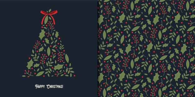 Greetings card with christmas tree and seamless pattern