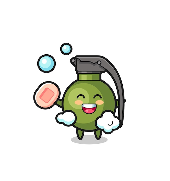 Grenade character is bathing while holding soap , cute style design for t shirt, sticker, logo element