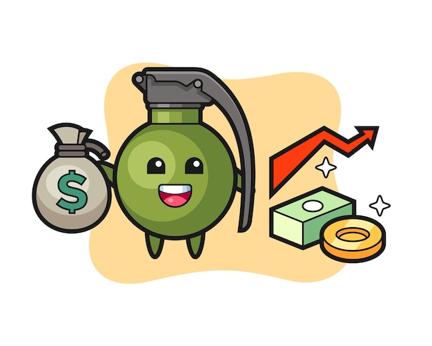 Grenade illustration cartoon holding money sack, cute style design for t shirt, sticker, logo element