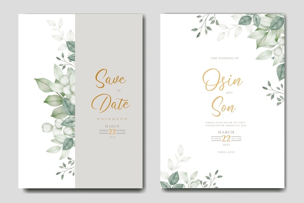 Vector grennery leaf watercolor wedding invitation card template