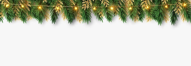 Grens met kerstboom groene takken, decoratieve gouden takken. winter vakantie achtergrond. vectorillustratie