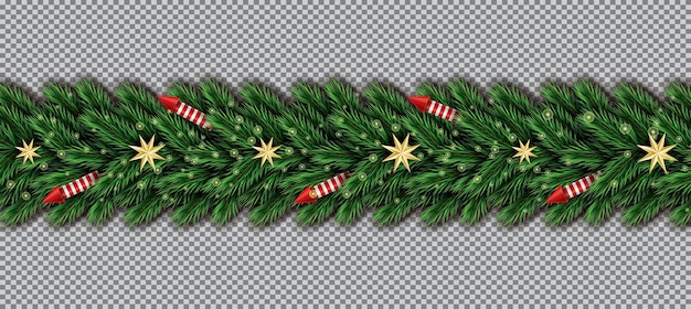 Grens met kerstboomtakken, gouden sterren en rode raketten op transparante achtergrond. fir twig border.