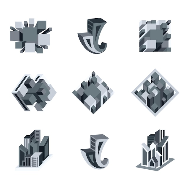 ベクトル コーポレートアイデンティティのデザインのための3d効果の建物で設定された灰色のビジネスロゴ