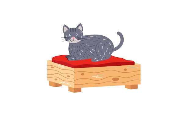 Vector a grey cartoon cat sitting atop a red cushion on a wooden stool cute pet resting on furniture vector