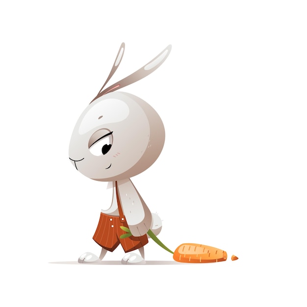 Grey cartoon character rabbit drags carrot vector illustration