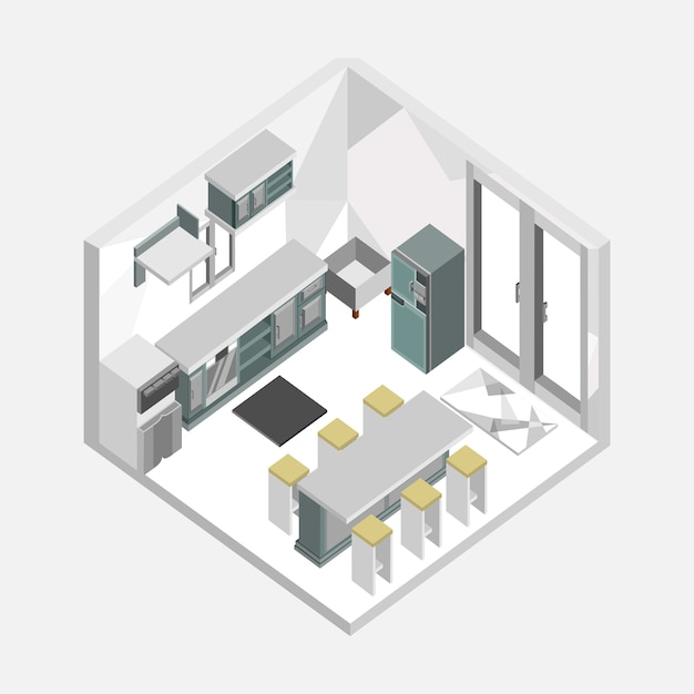 Vettore progettazione isometrica dell'interno dell'illustrazione della casa di grey color kitchen