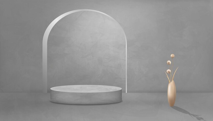 Vector grey concrete studio room with 3d podium mockuprose gold flower bud in vasevector backdrop modern loft design with lighting on back wall and rough gray cement floor industrial interior background