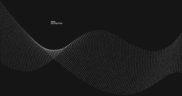 Grey dots in motion vector abstract background over black particles array wavy flow curve lines of points in movement technology and science illustration