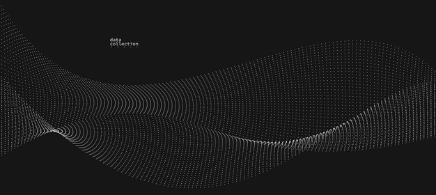 grey dots in motion vector abstract background over black particles array wavy flow curve lines of points in movement technology and science illustration