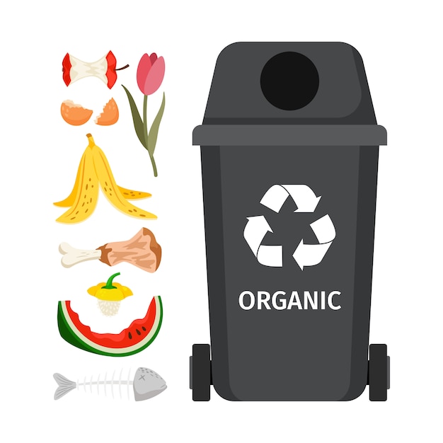 Vector grey garbage can with organic elements