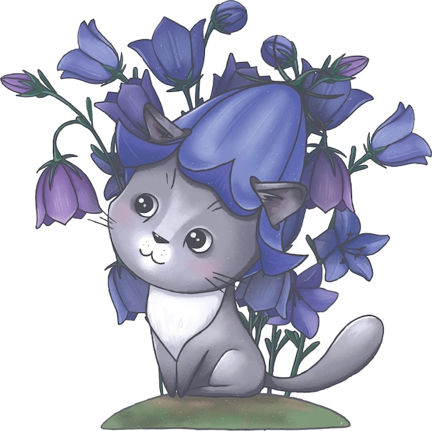 Vector grey kitten with fresh blue bellflowers on background