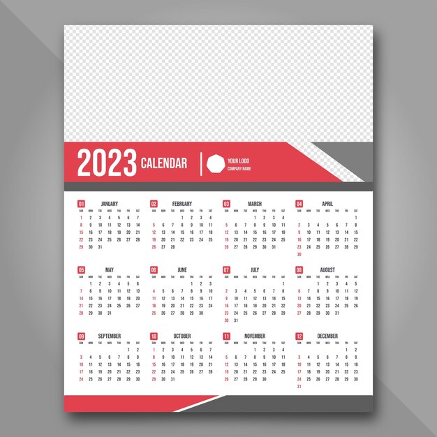 Grey and red color 2023 calendar template