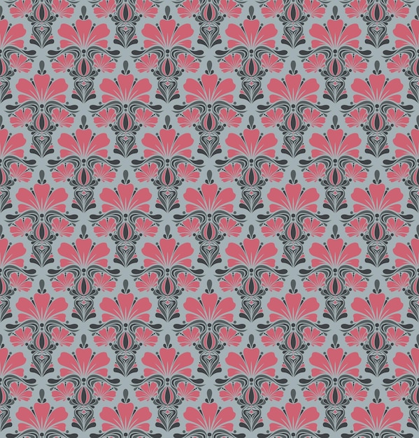 Vector grey seamless vector background in art nouveau style with a bouquet of pink flowers