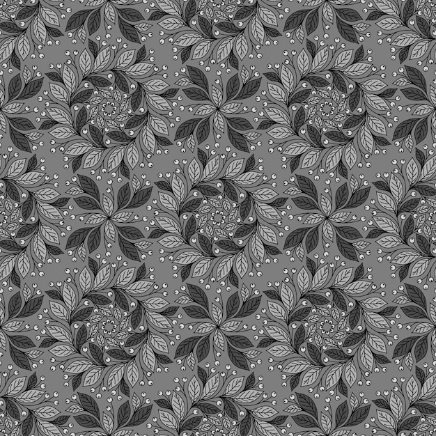 GREY SEAMLESS VECTOR BACKGROUND WITH FLORAL ORNAMENT AND BERRIES