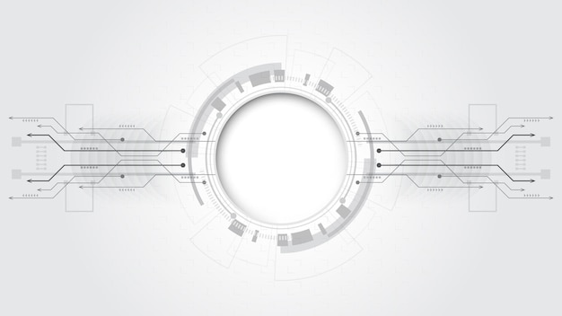 벡터 다양한 기술 요소가 있는 회색 흰색 추상 기술 배경 하이테크 통신 개념 혁신 배경 텍스트를 위한 원형 빈 공간
