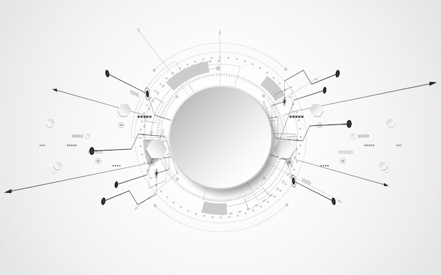 Bianco grigio sfondo astratto tecnologia con vari elementi tecnologici sfondo innovazione concetto di comunicazione hi-tech cerchio spazio vuoto per il testo