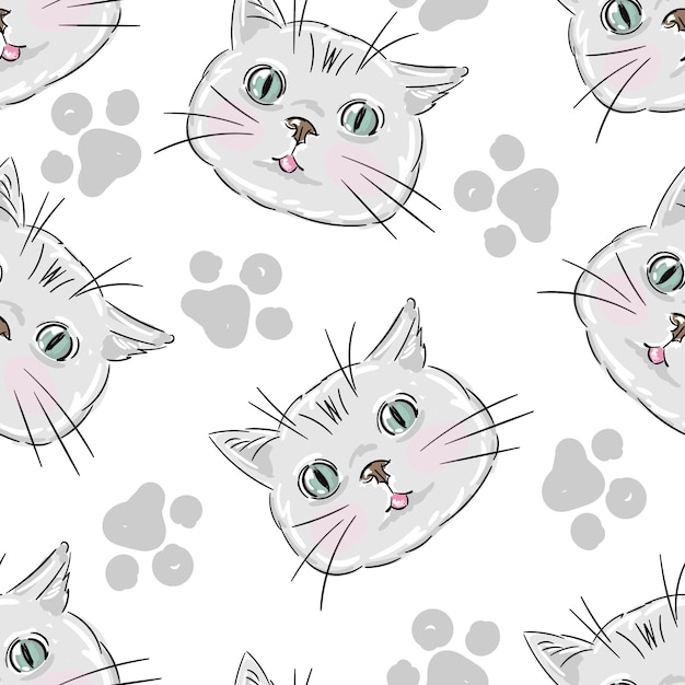 Grey and white cat seamless pattern Meow and cat gray paws background vector illustration Cute cartoon pastel character for nursery girl or boy baby print