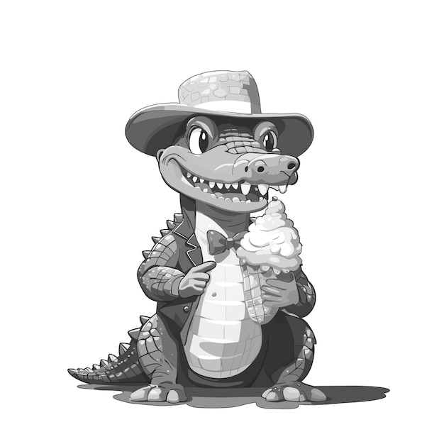 greyscale crocodile with ice cream3