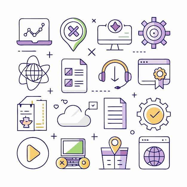 A grid of 16 icons depicting various aspects of web development and digital business including data analytics security and more
