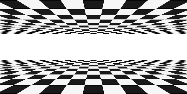 グリッドパースペクティブブラックとホワイトルーム。チェスのワイヤーフレームの背景。デジタルサイバーボックステクノロジーモデル。ベクトルの抽象的な錯覚テンプレート