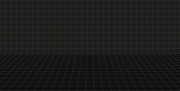 격자 원근법 검은 방. 바닥과 벽. 회색 와이어 프레임 배경입니다. 디지털 사이버 박스 기술 모델. 벡터 추상 건축 템플릿