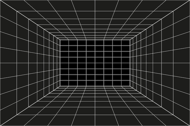 グリッドパースペクティブブラックルーム。灰色のワイヤーフレームの背景。デジタルサイバーボックステクノロジーモデル。ベクトル抽象的な建築テンプレート