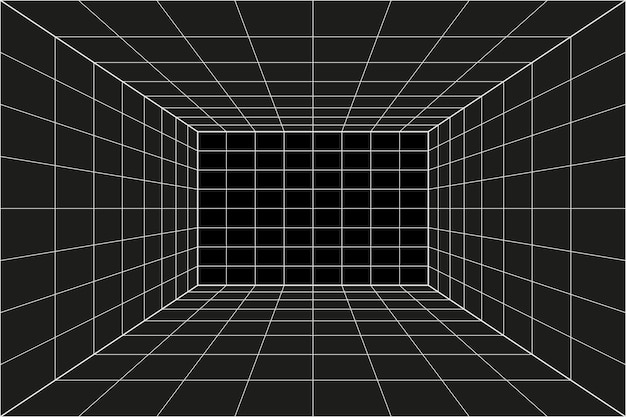 Grid perspective black room. Gray wireframe background. Digital cyber box technology model. Vector abstract architectural template