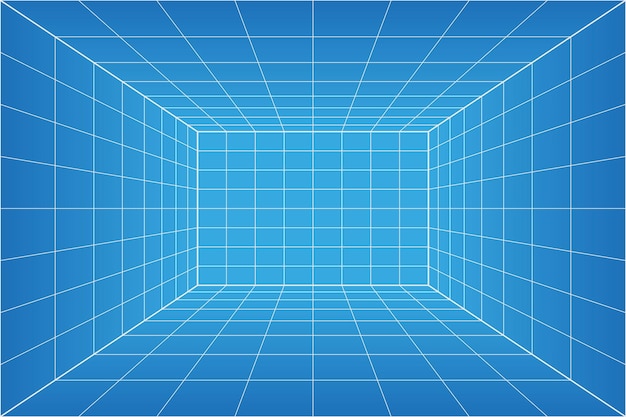 Vector grid perspective blueprint room. wireframe millimeter paper background. digital cyber box technology model. vector blank architectural template