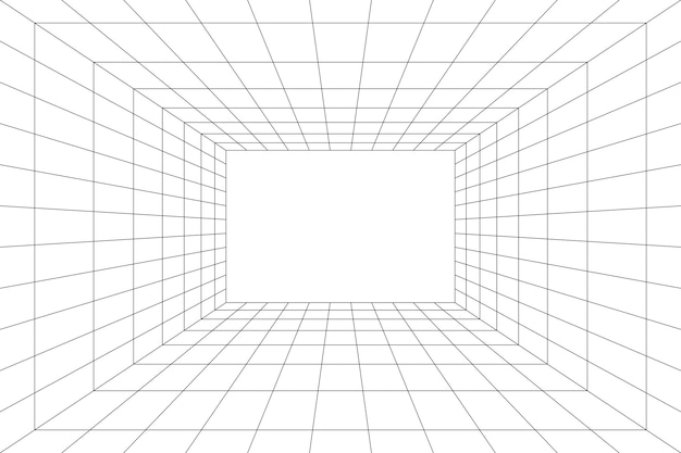 벡터 3d 스타일의 관점에서 그리드 룸입니다. 검은색 선의 실내 와이어프레임, 템플릿 내부 사각형