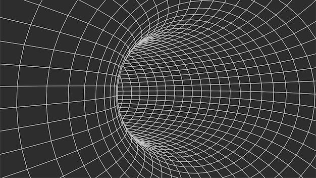 Grid texture. Wireframe surface tunnel. 3d grid on dark background. Vector wormhole