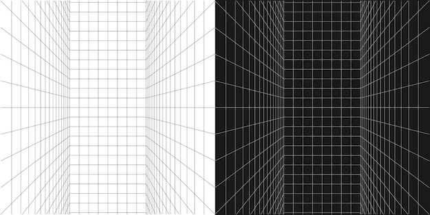 Griglia tunnel wireframe in bianco e nero prospettiva camera vettoriale elemento grafico