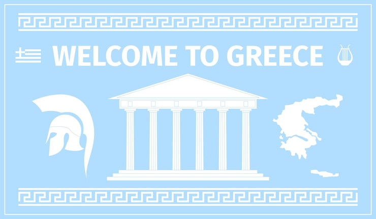 Vector griekenland reis poster met parthenon en land silhouetten decoratieve griekse grenzen of ornamenten toerisme eenvoudige banner sjabloon recente vector achtergrond