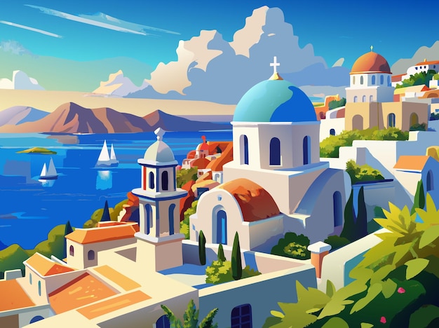 Vector griekenland schilderij van een klein dorpje met een blauwe kerk en een wit huis het dorp ligt in de buurt van de oceaan en heeft een rustige serene sfeer