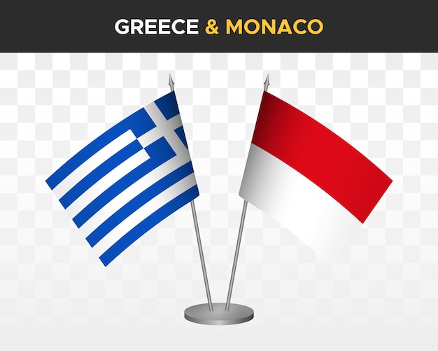 Griekenland vs monaco bureau vlaggen mockup geïsoleerde 3d vector illustratie Griekse tafel vlag