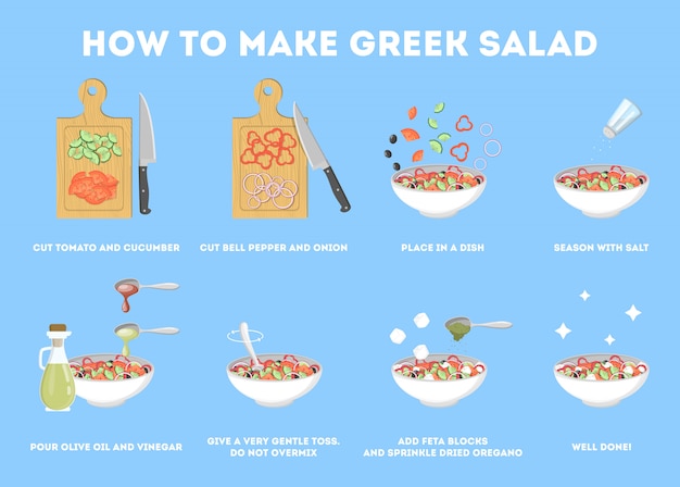 Grieks salade recept voor vegetarisch. Gezond ingrediënt voor lekker eten. Komkommer en olijfolie, tomaat en kaas. Verse groentemaaltijd. illustratie