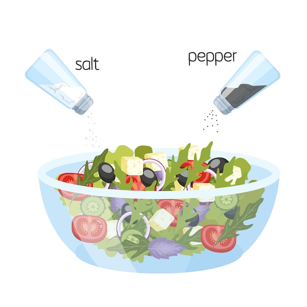 Griekse salade in een kom. biologische gezonde voeding. komkommer en tomaat, fetakaas en peper met zout. illustratie