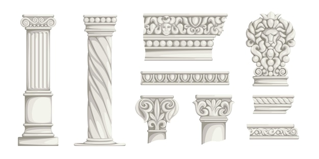 Griekse zuilen Oude Romeinse architectuur decoratieve elementen Antiqua Corinthische pilaren of muurornamenten Gesneden marmeren constructie decor Vector stenen delen van historische gebouwen