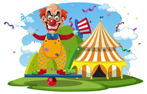 Griezelige clown met circustent achtergrond