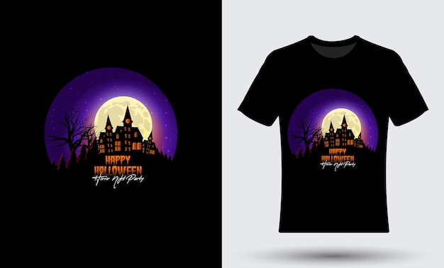 Griezelige Halloween-t-shirtillustratie met Kleurrijk maannachtontwerp als achtergrond