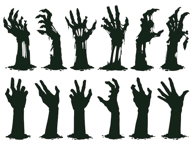 griezelige zombie handen silhouet kromme lammeren steken uit kerkhof grond vector illustratie set