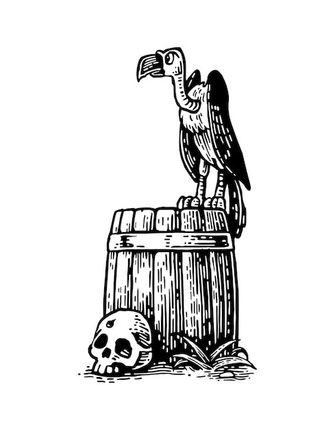 Griffin zittend op vat met schedel Dag van de Doden Dia de los Muertos Vector vintage engraving