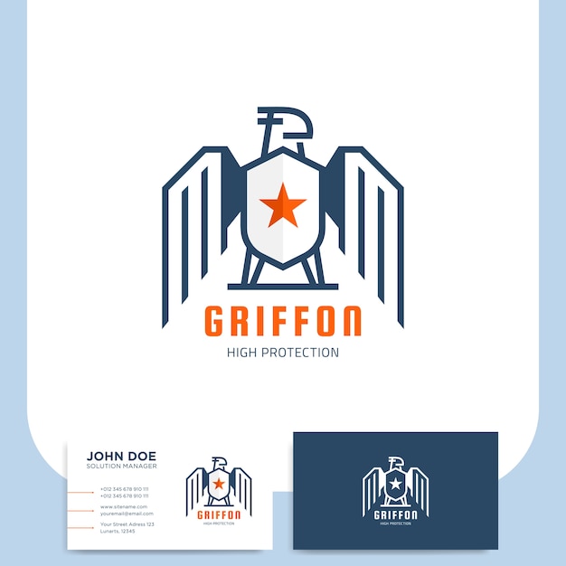 Griffon schild logo ontwerp voor beveiligingsbedrijf met visitekaartje