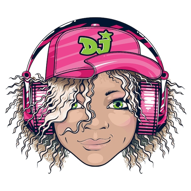 Vector grijnzend dj-meisje in roze koptelefoon