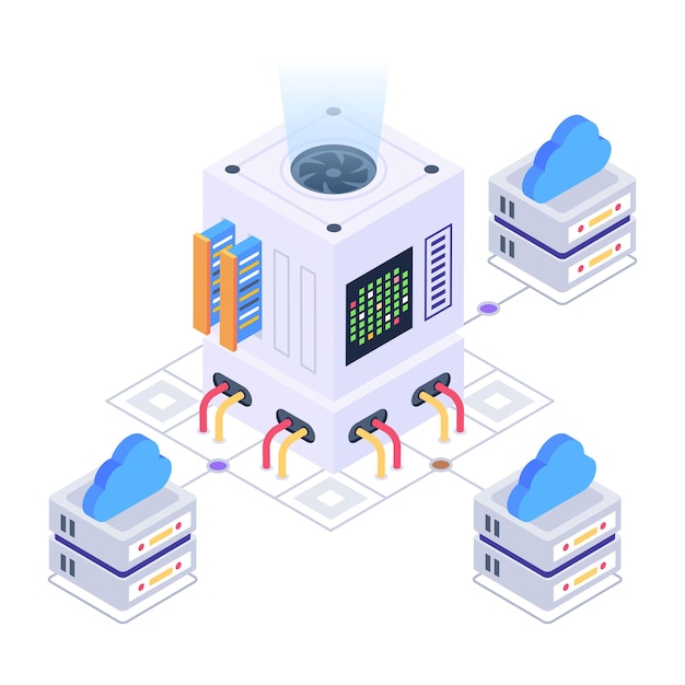 Grijp dit creatieve isometrische pictogram van een cloud computing-netwerk