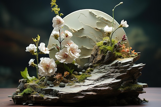 Vector grijs marmeren stenen podium met witte kleine bloemen water als kust's nachts voor verpakking en cosmetica